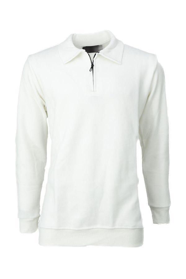 Oppland Erkek Kışlık Kazak Pamuklu Dokuma Yarım Fermuarlı Polo Yaka Uzun Kollu Düz Renk Rahat Kesim Beyaz XL - Image 1