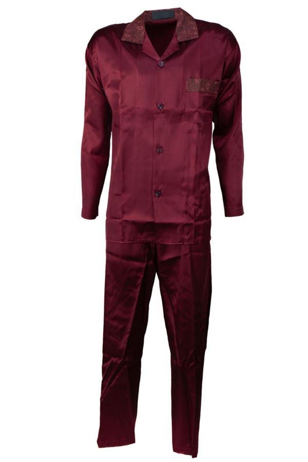 Oppland Erkek Şık Klasik Model Pijama Takımı Premium Saten Kumaş Fermo Model Cepli Tam Kalıp Bordo L - Image 1