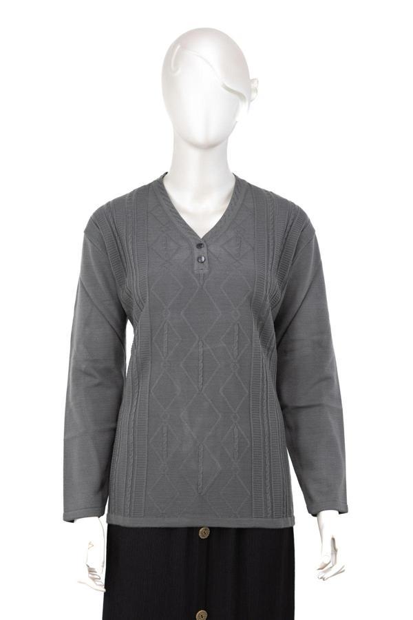 Oppland Kadın Kışlık Yünlü Örme Triko Anne Kazak İki Düğmeli V Yakalı Likralı Rahat Kesim Tam Kalıp Gri 2XL - Image 1