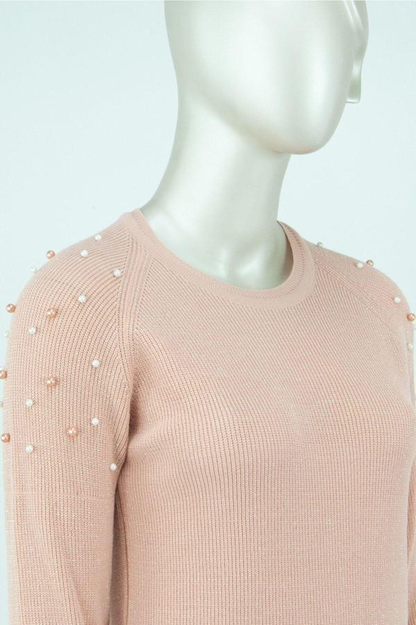 Oppland Kadın Kışlık Boncuk Modelli Yuvarlak Yaka Likralı Simli Pamuklu Dokuma Triko Kazak Pudra Standart - Image 1