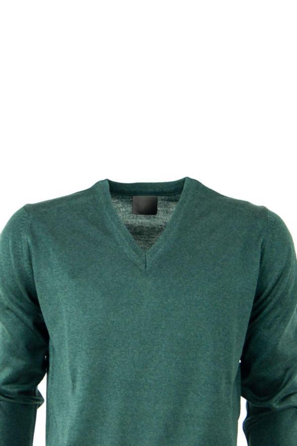 Oppland Erkek Uzun Kollu V Yakalı Düz Renk Klasik Model Rahat Kesim Tam Kalıp Yünlü Dokuma Kazak Yeşil S - Image 1