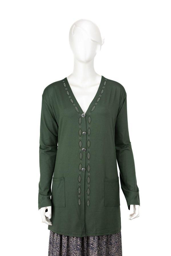 Oppland Kadın Turlu Viskon Penye Kumaş Anne Hırka V Yaka Modern Düğmeli Ve Şık Taşlı Cepli Tam Kalıp Yeşil 4XL - Image 1
