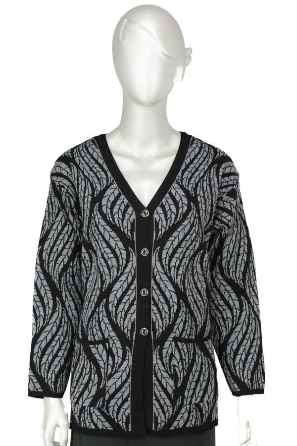 Oppland Kadın Kışlık Yünlü Örme Anne Hırka V Yaka Sümbül Motifli Çift Cepli Düğmeli Likralı Rahat Gri L - Image 1