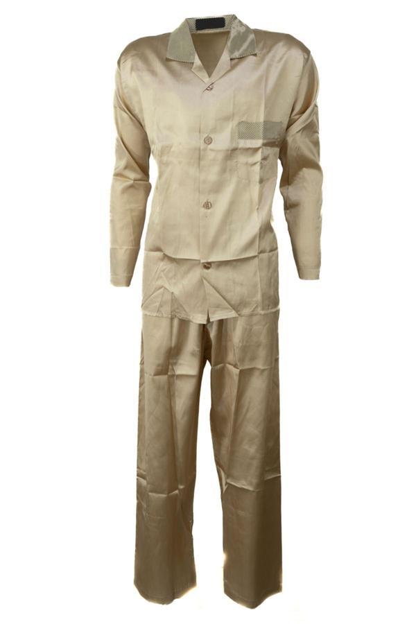 Oppland Erkek Şık Klasik Model Pijama Takımı Premium Saten Kumaş Kristal Model Cepli Tam Kalıp Bej L - Image 1
