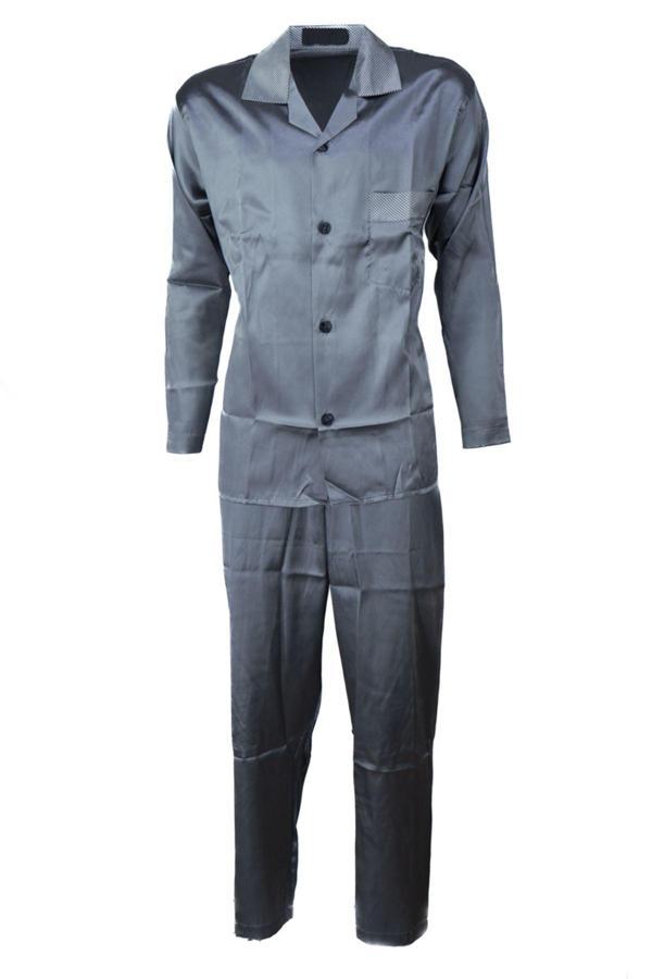 Oppland Erkek Şık Klasik Model Pijama Takımı Premium Saten Kumaş Kristal Model Cepli Tam Kalıp Gri M - Image 1