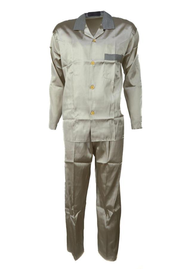 Oppland Erkek Şık Klasik Model Pijama Takımı Premium Saten Kumaş Kuvartz Model Cepli Tam Kalıp Krem S - Image 1