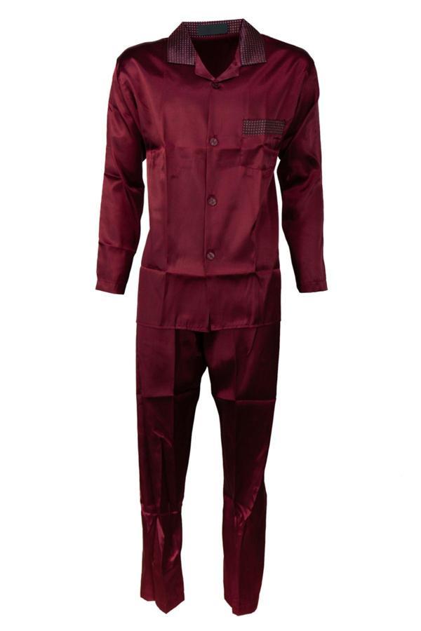Oppland Erkek Şık Klasik Model Pijama Takımı Premium Saten Kumaş Kuvartz Model Cepli Tam Kalıp Bordo M - Image 1