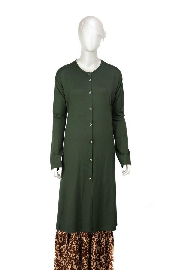 Oppland Kadın Uzun Anne Hırka Önü Düğmeli Çift Cepli Rahat Kesim Likralı Turlu Viskon Penye Kumaş Haki 4XL - Image 1
