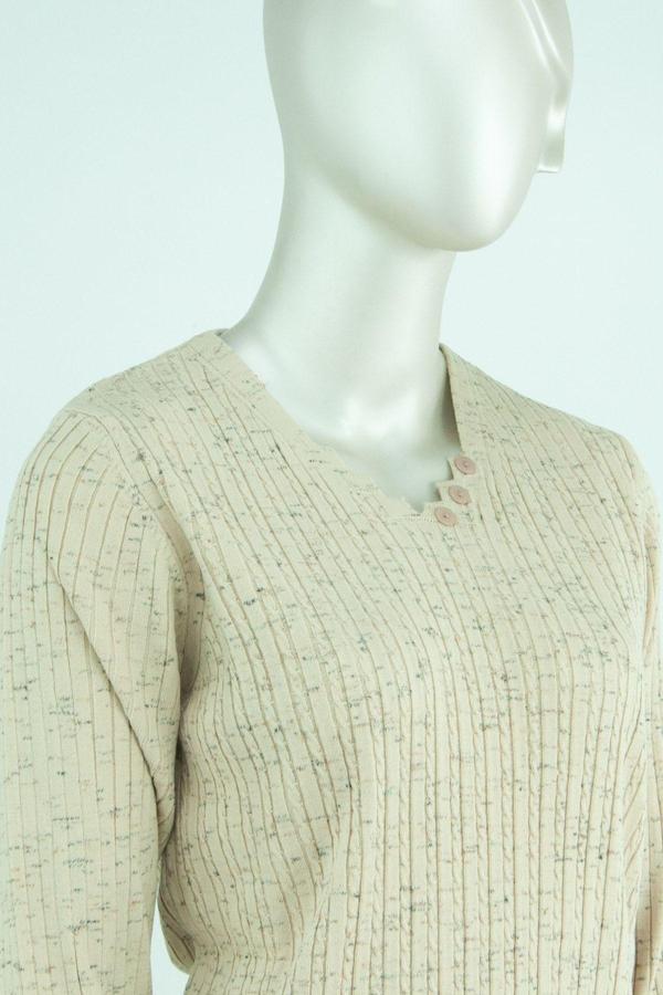 Oppland Kadın Kışlık Simetri V Yaka Desenli Uzun Kol Likralı Dokuma Triko Ince Anne Kazak Krem XL - Image 1