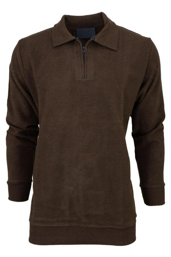Oppland Erkek Kışlık Kazak Pamuklu Dokuma Yarım Fermuarlı Polo Yaka Uzun Kollu Düz Renk Rahat Kesim Kahverengi 2XL - Image 1