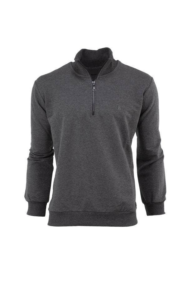 Oppland Erkek Mevsimlik Yarım Fermuarlı Tamkalıp Likralı Premium Pamuklu Kumaş İki İplik Sweatshirt Füme 2XL - Image 1