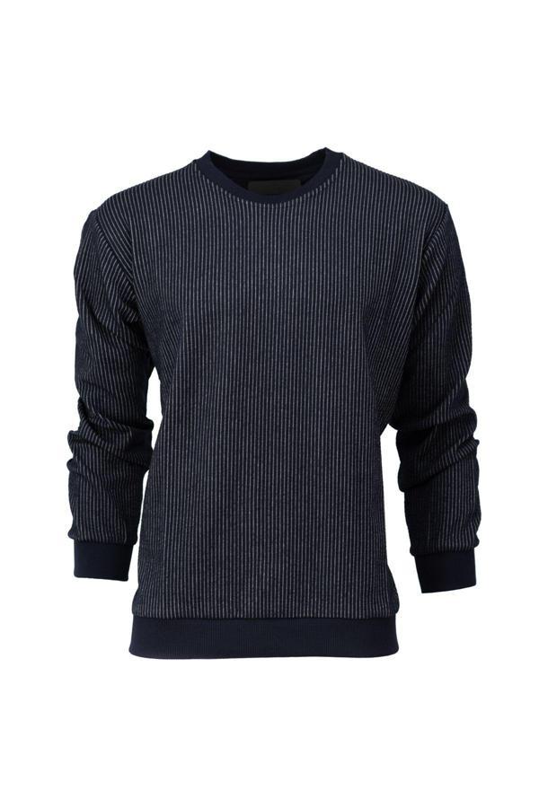 Oppland Erkek Mevsimlik Doğal Pamuklu Sweatshirt Bisiklet Yaka Çizgili Rahat Kesim Tam Kalıp Lacivert M - Image 1