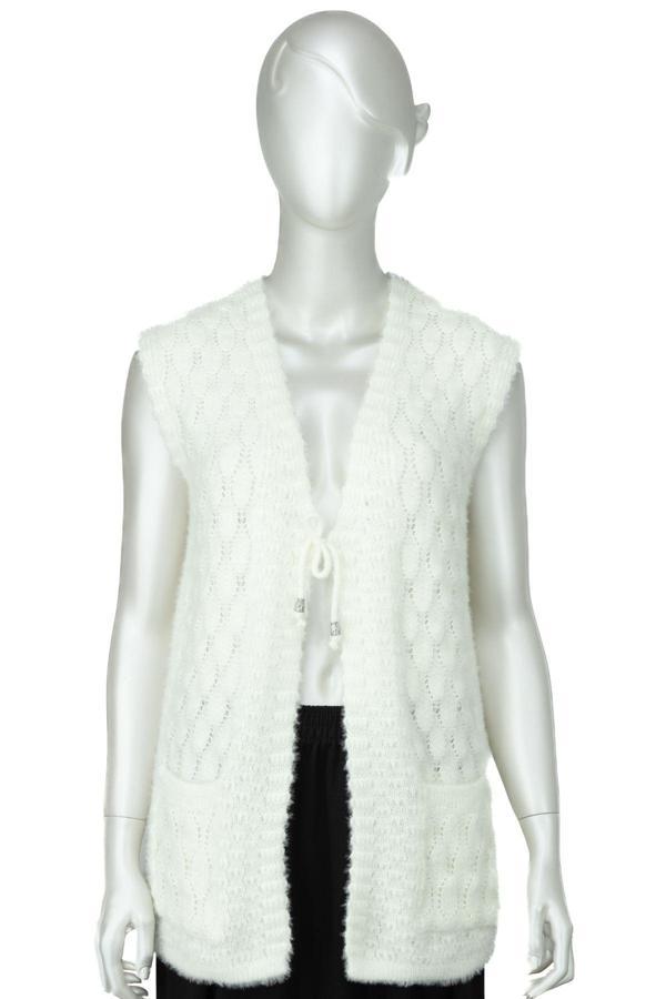 Oppland Kadın Kışlık Anne Yelek Yumuşacık Pamuklu Triko Örme Önden Bağlamalı Çift Cepli Rahat Beyaz Standart - Image 1