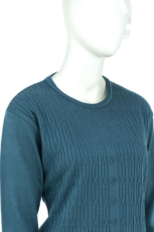 Oppland Kadın Kışlık Kendinden Motifli Yuvarlak Yaka Likralı Pamuklu Triko Dokuma Anne Kazak Mavi M - Image 1