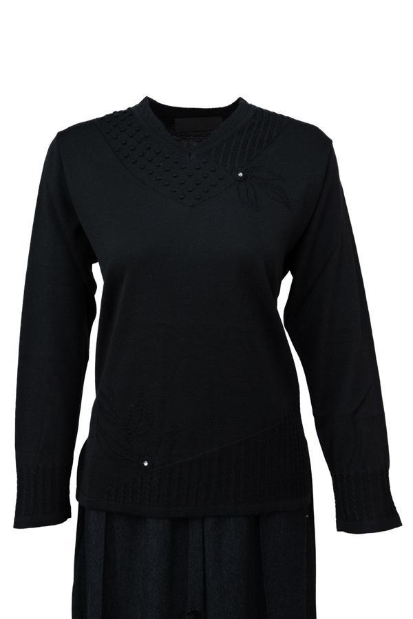 Oppland Kadın Anne Kazak Pamuklu Merserize Helen Örme V Yaka Taşlı Ve Kendinden Motifli Likralı Siyah L - Image 1