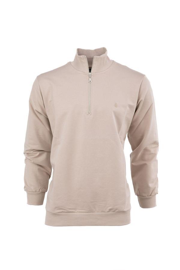 Oppland Erkek Mevsimlik Yarım Fermuarlı Tamkalıp Likralı Premium Pamuklu Kumaş İki İplik Sweatshirt Taş Rengi 2XL - Image 1