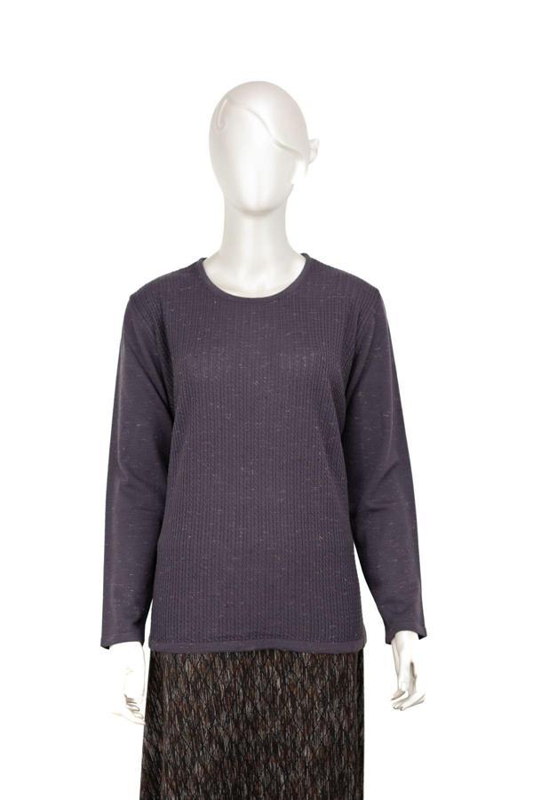 Oppland Kadın Kışlık Pamuklu Örme İnce Triko Anne Kazak Yuvarlak Yaka Desenli Uzun Kol Tam Kalıp Eflatun L - Image 1