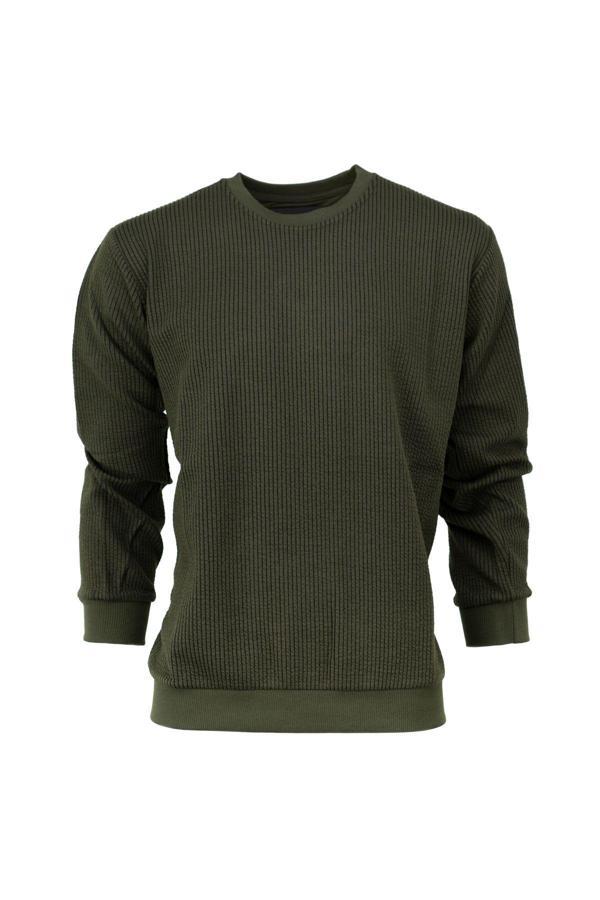 Oppland Erkek Mevsimlik Doğal Pamuklu Sweatshirt Bisiklet Yaka Çizgili Rahat Kesim Tam Kalıp Yeşil 2XL - Image 1