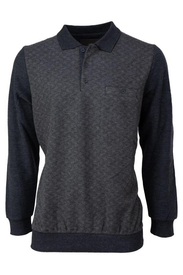 Oppland Erkek Kışlık Kazak Pamuklu Düğmeli Polo Yaka Cepli Uzun Kollu Klasik Desenli Rahat Kesim Antrasit 3XL - Image 1