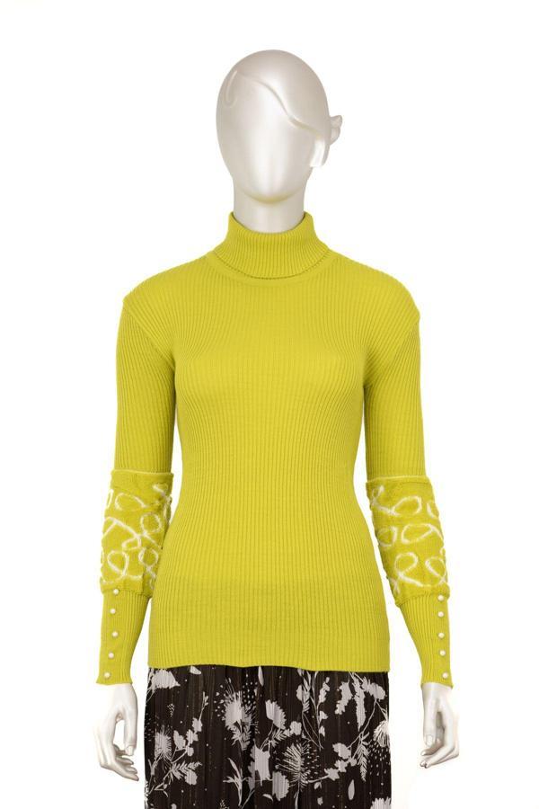 Oppland Kadın Kışlık Kolları Şık Boncuklu Tam Boğazlı Yaka Bedene Oturan Örme Triko Badi Kazak Hardal Standart - Image 1