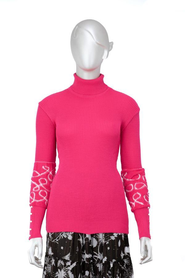 Oppland Kadın Kışlık Kolları Şık Boncuklu Tam Boğazlı Yaka Bedene Oturan Örme Triko Badi Kazak Fuşya Standart - Image 1