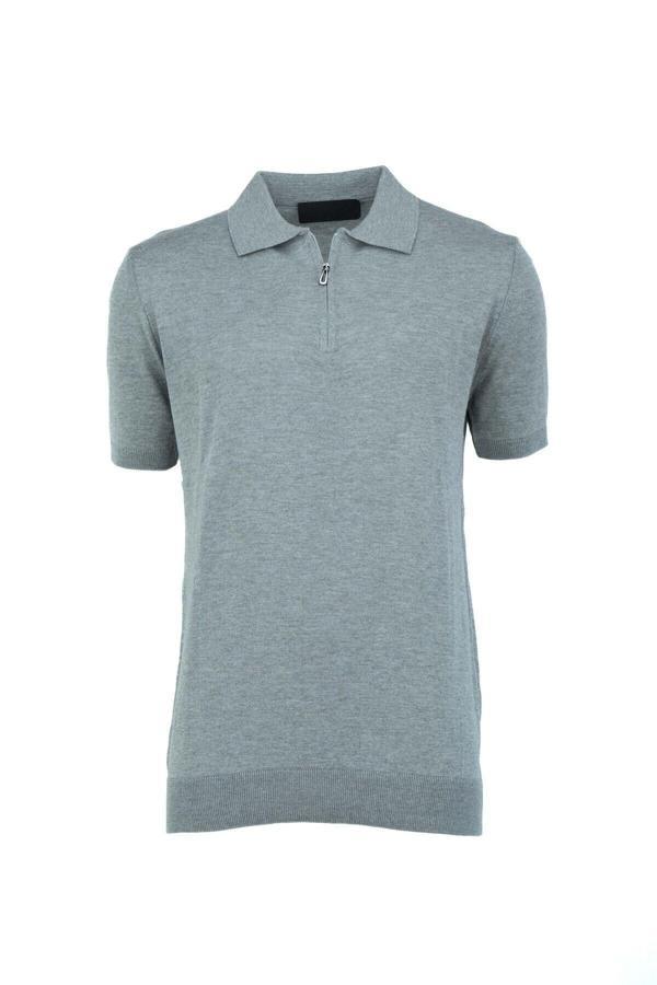 Oppland Erkek Polo Yaka Düz Renk Cepsiz Kısa Kol Tam Kalıp Premium Pamuklu Dokuma İnce Triko T-Shirt Gri S - Image 1