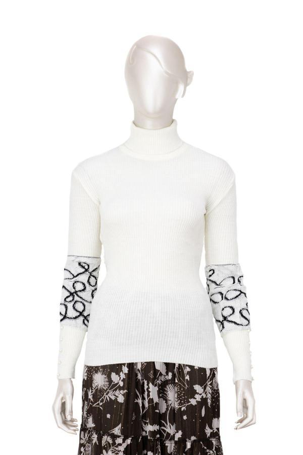 Oppland Kadın Kışlık Kolları Şık Boncuklu Tam Boğazlı Yaka Bedene Oturan Örme Triko Badi Kazak Beyaz Standart - Image 1