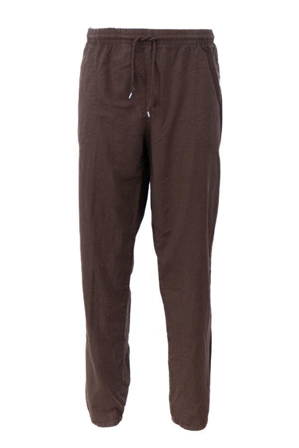 Oppland Erkek %100 Saf Pamuk Kumaş Pantolon Düz Paça Yanlardan Cepli Beli Bağcıklı Rahat Tam Kalıp Kahverengi M - Image 1