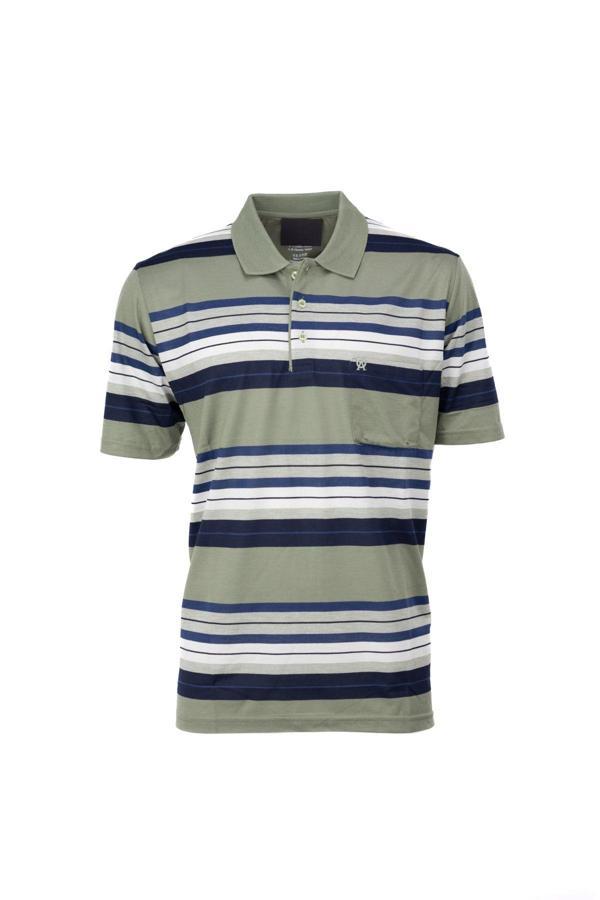 Oppland Erkek Pamuklu Kumaş T-Shirt Polo Yaka Cepli Kısa Kollu Şık Ringerli Desenli Tam Kalıp Yeşil 3XL - Image 1