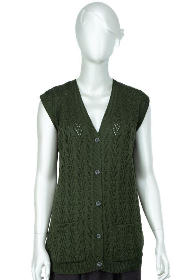 Oppland Kadın Kışlık Pamuklu Triko Klasik Örme Anne Yelek Kilim Örgü Model Önden Düğmeli Çift Cepli Yeşil Standart - Image 1