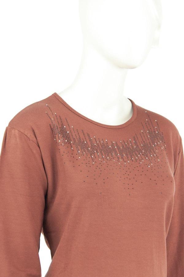 Oppland Kadın Damla Taşlı Ve Desenli Uzun Kollu Yuvarlak Yaka Likralı Nergiz Kumaş Anne Ince Kazak Kiremit S - Image 1