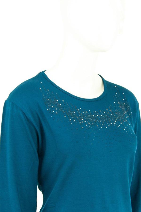 Oppland Kadın Damla Taşlı Ve Desenli Uzun Kollu Yuvarlak Yaka Likralı Nergiz Kumaş Anne Ince Kazak Petrol Mavisi M - Image 1