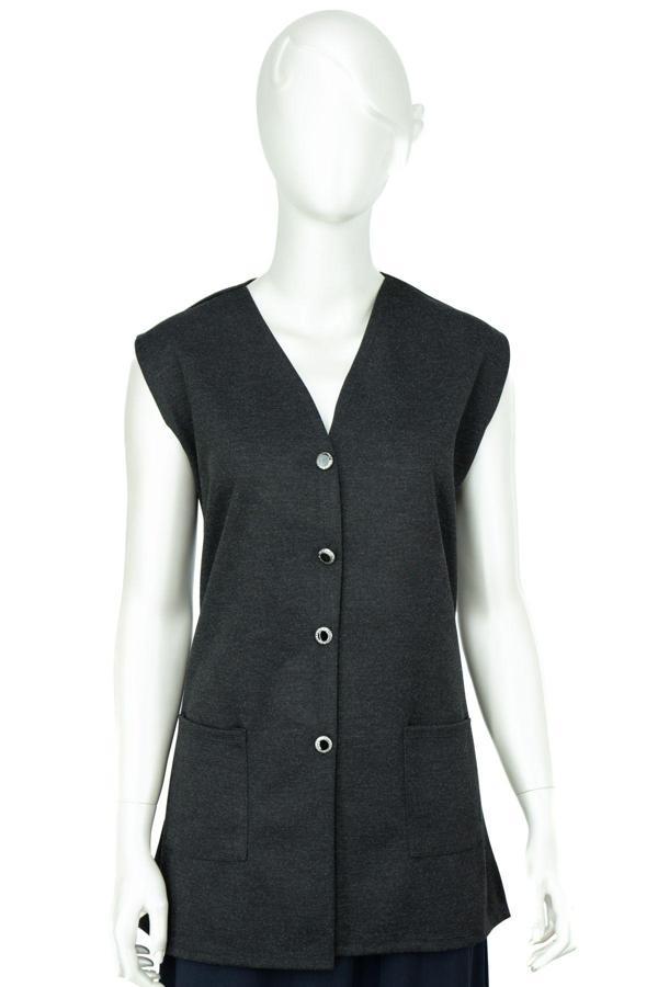 Oppland Kadın Kışlık Anne Yelek Modern Ecrin Örme Önü Düğmeli Çift Cepli Düz Renk Sahra Model Füme 3XL - Image 1