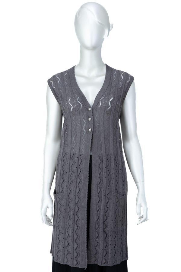 Oppland Kadın Pamuklu Rölaks Örme Anne Yelek V Yaka Güldane Motifli Delikli Üç Düğmeli Çift Cepli Füme 2XL - Image 1