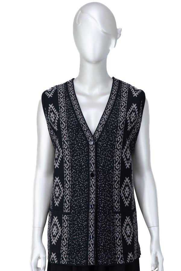Oppland Kadın Kışlık Yünlü Kilim Örme Anne Yelek V Yaka Kendinden Motifli Çift Cepli Düğmeli Siyah XL - Image 1