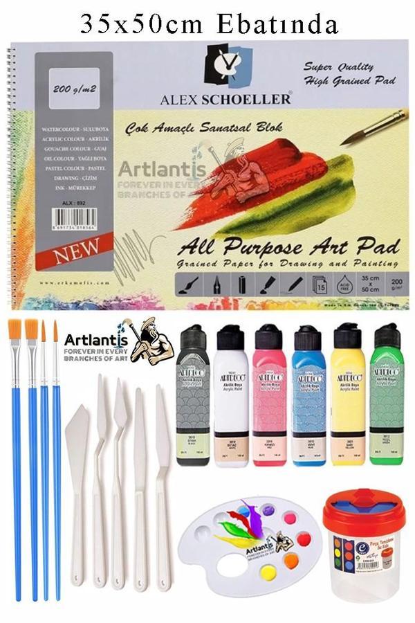 Alex Schoeller Çok Amaçlı Sanatsal Blok 35x50 200 gr 15 Yaprak Artdeco 140 ml Akrilik Boya 6 Renk Plastik Spatula Fırça - Image 1