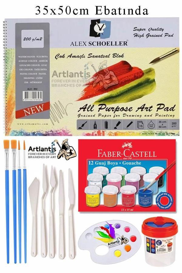 Alex Schoeller Çok Amaçlı Sanatsal Blok 35x50 200 gr 15 Yaprak Faber 12 Renk 20 ml Guaj Boya Plastik Spatula Fırça - Image 1
