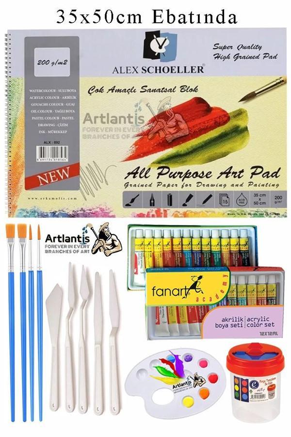Alex Schoeller Çok Amaçlı Sanatsal Blok 35x50 200 gr 15 Yaprak Fanart 12 Renk 12 ml Akrilik Boya Plastik Spatula Fırça - Image 1
