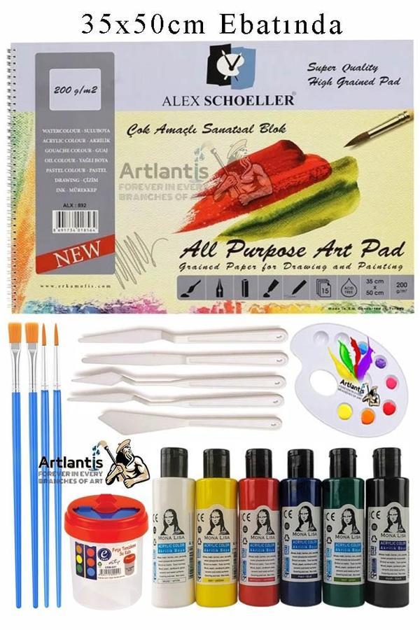 Alex Schoeller Çok Amaçlı Sanatsal Blok 35x50 200 gr 15 Yaprak Monalisa 70 ml Akrilik Boya 6 Renk Plastik Spatula Fırça - Image 1