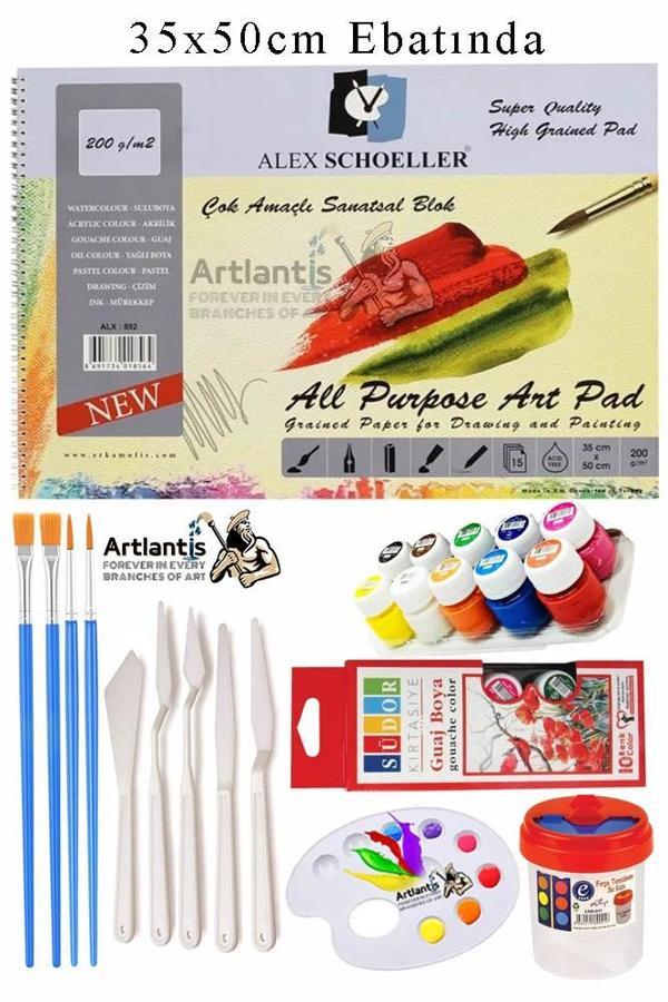 Alex Schoeller Çok Amaçlı Sanatsal Blok 35x50 200 gr 15 Yaprak Südor 12 Renk 20 ml Guaj Boya Plastik Spatula Fırça - Image 1