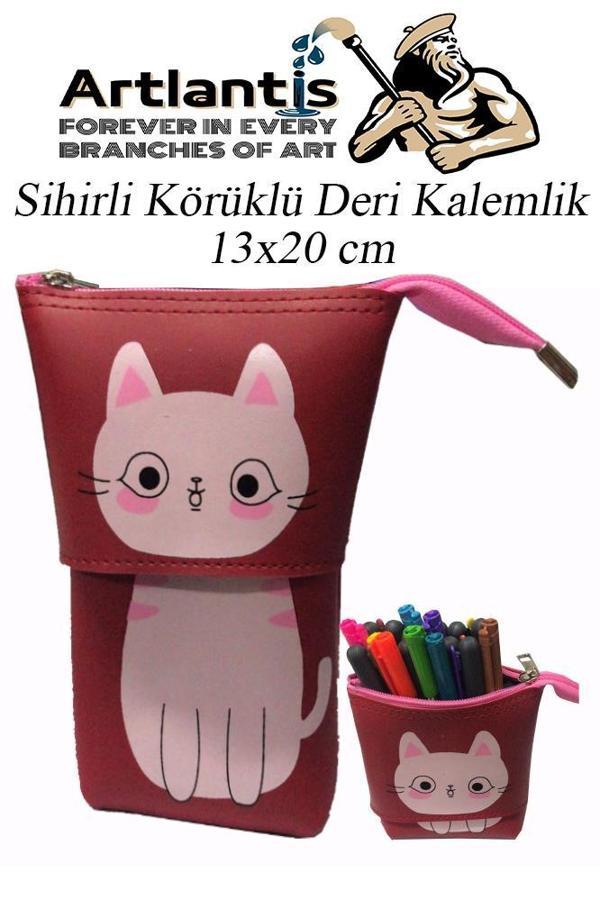 Körüklü Kalemlik Kedi 1 Adet Kırmızı Renk Sihirli Körüklü Deri Kalemlik Kalem Çantası Sevimli Kedi Kalem Kutusu - Image 1