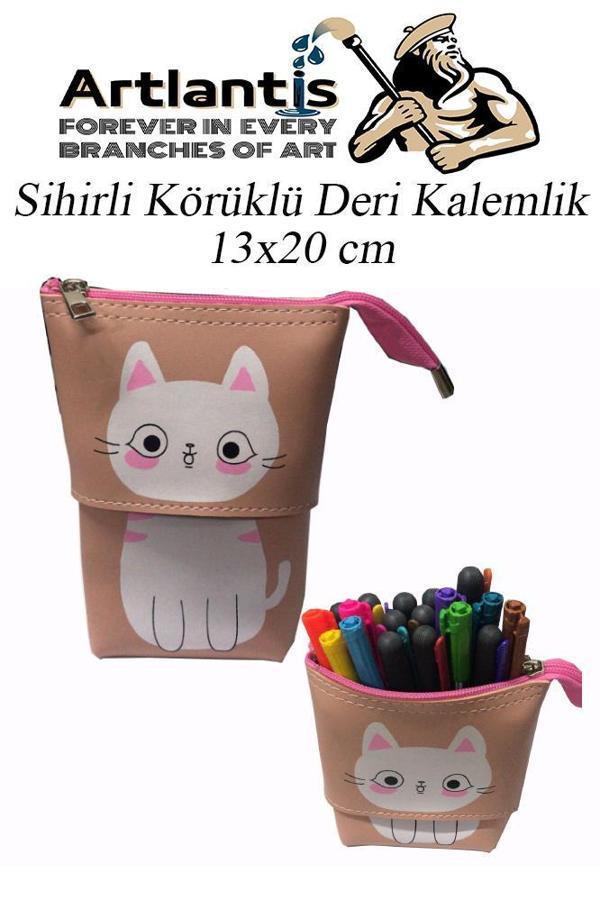 Körüklü Kalemlik Kedi 1 Adet Pudra Renk Sihirli Körüklü Deri Kalemlik Kalem Çantası Sevimli Kedi Kalem Kutusu - Image 1