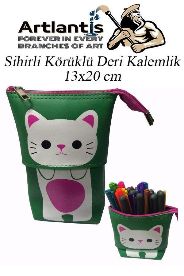 Körüklü Kalemlik Kedi 1 Adet Yeşil Renk Sihirli Körüklü Deri Kalemlik Kalem Çantası Sevimli Kedi Kalem Kutusu - Image 1