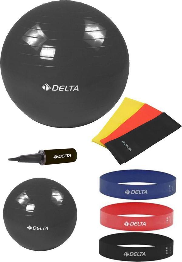 Delta 55-20 cm Pilates Topu 3'lü Pilates Bandı 3'lü Squat Bandı Direnç Lastiği Şişirme Pompası Seti - Image 1