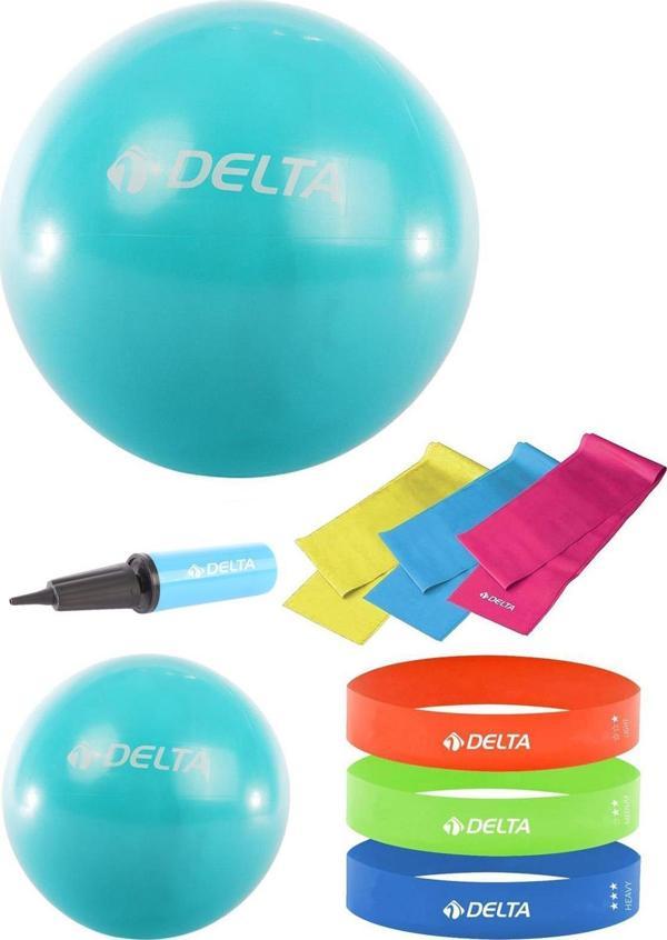 Delta 55-20 cm Pilates Topu 3'lü Pilates Bandı 3'lü Squat Bandı Direnç Lastiği Şişirme Pompası Seti - Image 1