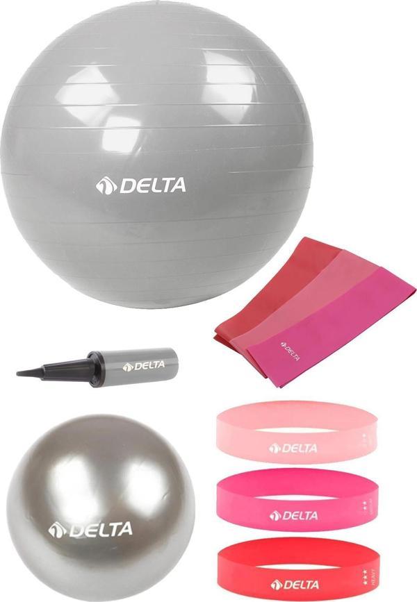 Delta 55-20 cm Pilates Topu 3'lü Pilates Bandı 3'lü Squat Bandı Direnç Lastiği Şişirme Pompası Seti - Image 1