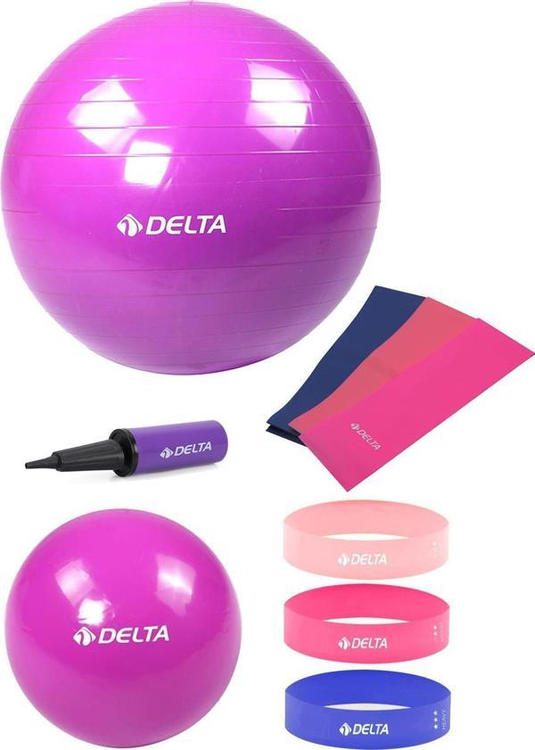 Delta 55-20 cm Pilates Topu 3'lü Pilates Bandı 3'lü Squat Bandı Direnç Lastiği Şişirme Pompası Seti - Image 1
