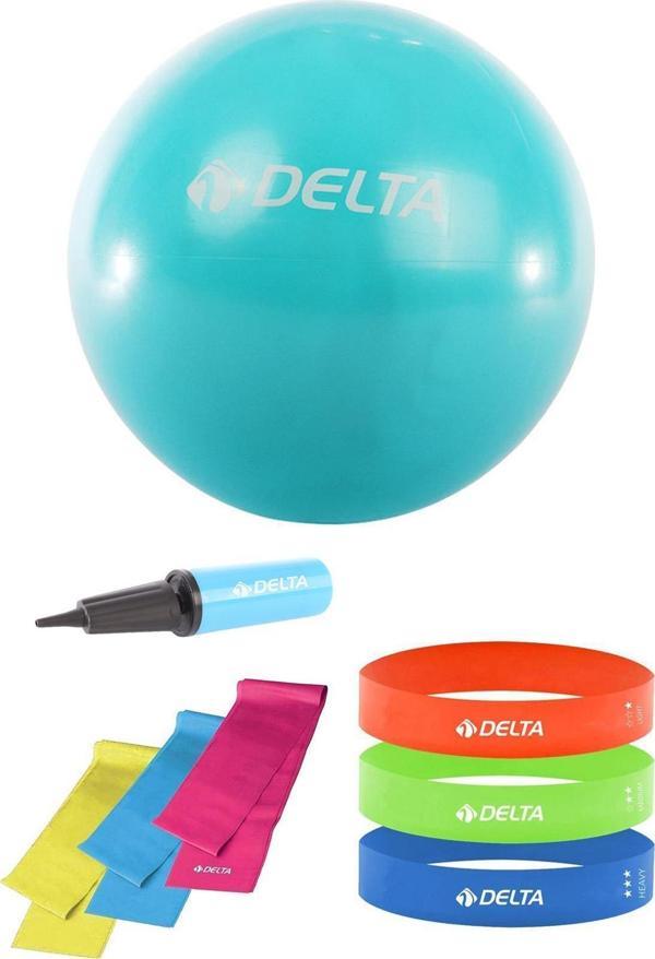 Delta 65 cm Pilates Topu 3'lü Pilates Bandı 3'lü Squat Bandı Direnç Lastiği Şişirme Pompası Seti - Image 1