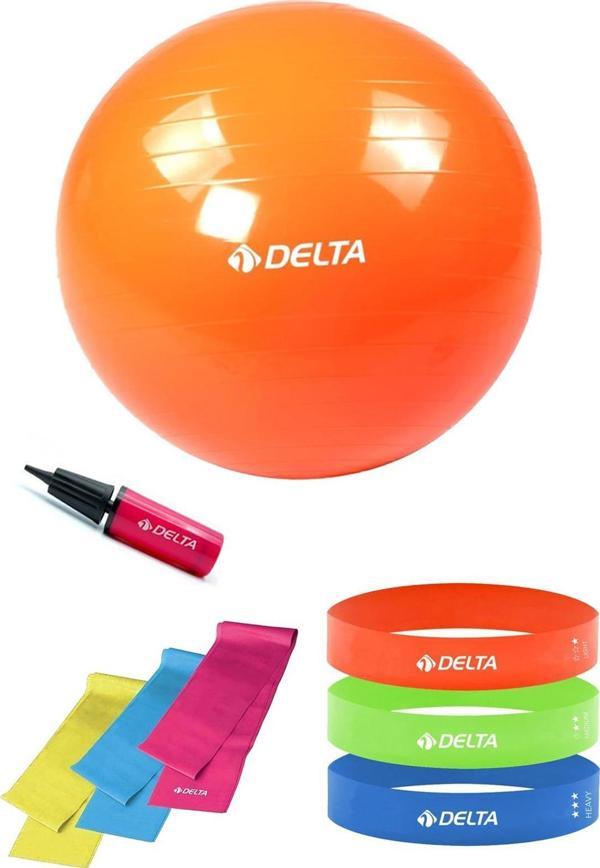 Delta 65 cm Pilates Topu 3'lü Pilates Bandı 3'lü Squat Bandı Direnç Lastiği Şişirme Pompası Seti - Image 1