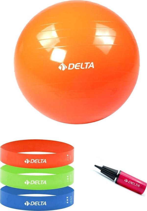 Delta 65 cm Pilates Topu 3'lü Squat Bandı Egzersiz Direnç Lastiği Pilates Topu Pompası 5'li Set - Image 1